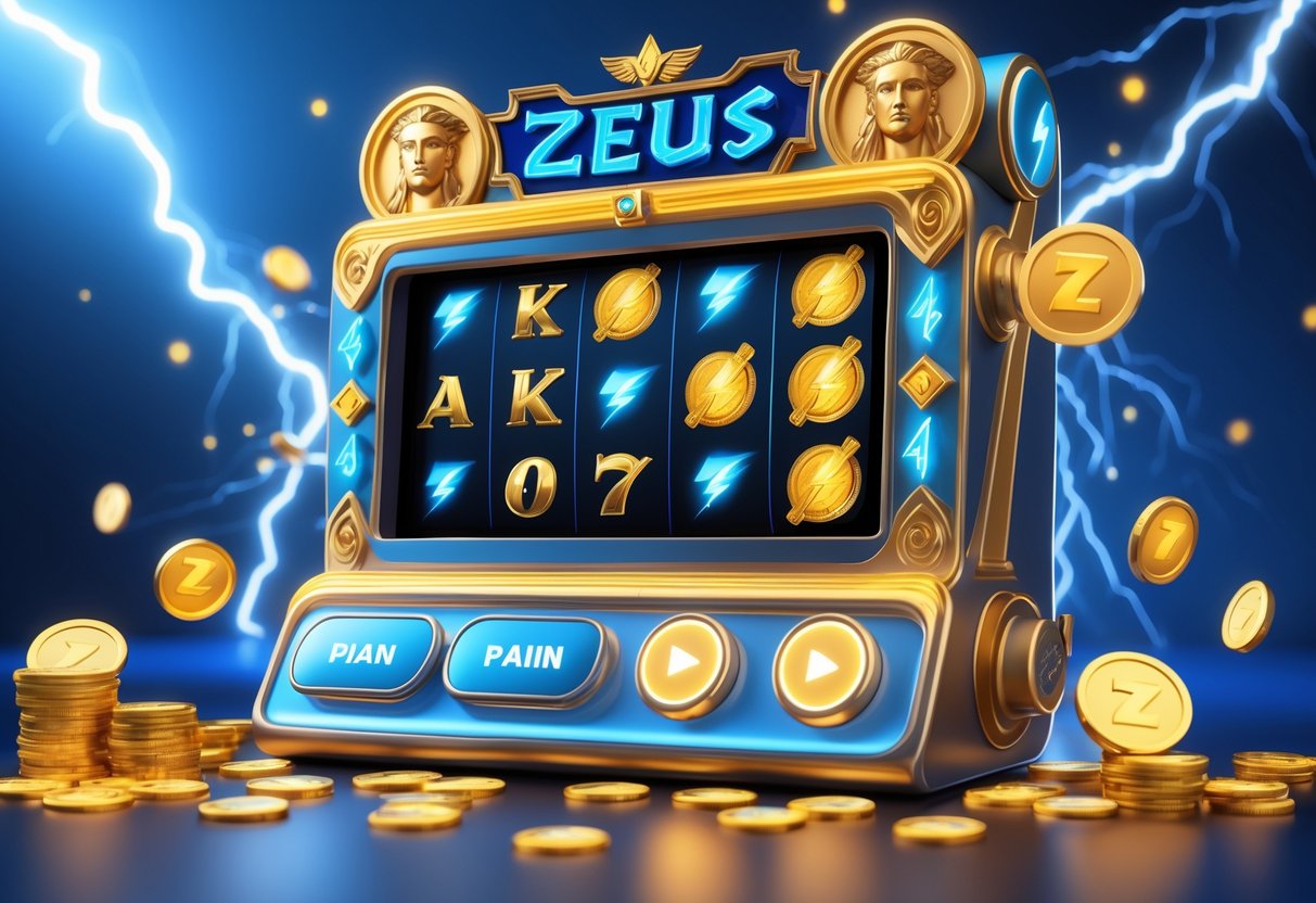 Mesin slot bertema Zeus dengan simbol petir dan koin emas dalam suasana kasino online yang cerah dan menarik.