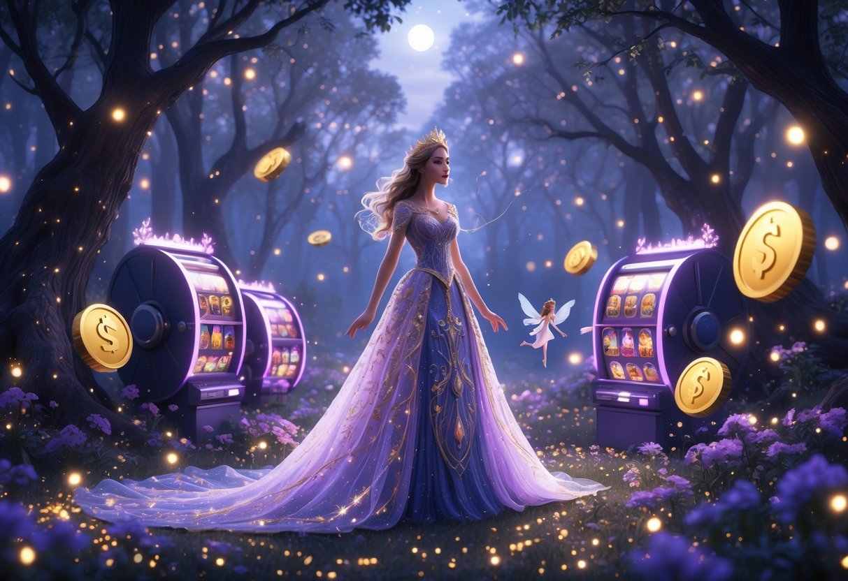 Seorang putri berdiri di hutan ajaib yang dipenuhi bunga bercahaya dan cahaya magis, dengan elemen mesin slot yang menyatu secara halus di sekitarnya.
