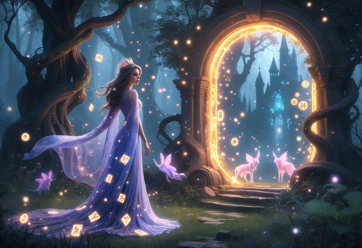 Seorang putri berdiri di hutan ajaib dengan portal bercahaya di sampingnya, dikelilingi oleh makhluk halus dan pohon bercahaya.