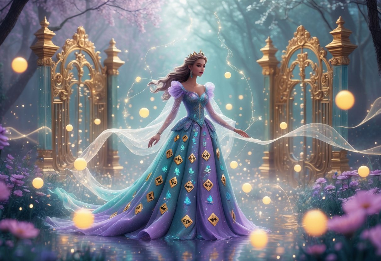 Seorang putri berdiri di hutan ajaib yang bercahaya dengan bunga bersinar dan bola-bola magis mengambang di sekitarnya.