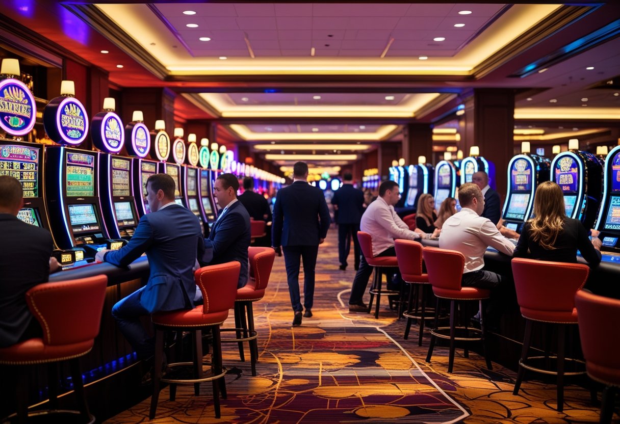 A lively casino interior with people playing slot machines and poker, surrounded by colorful lights and elegant décor.