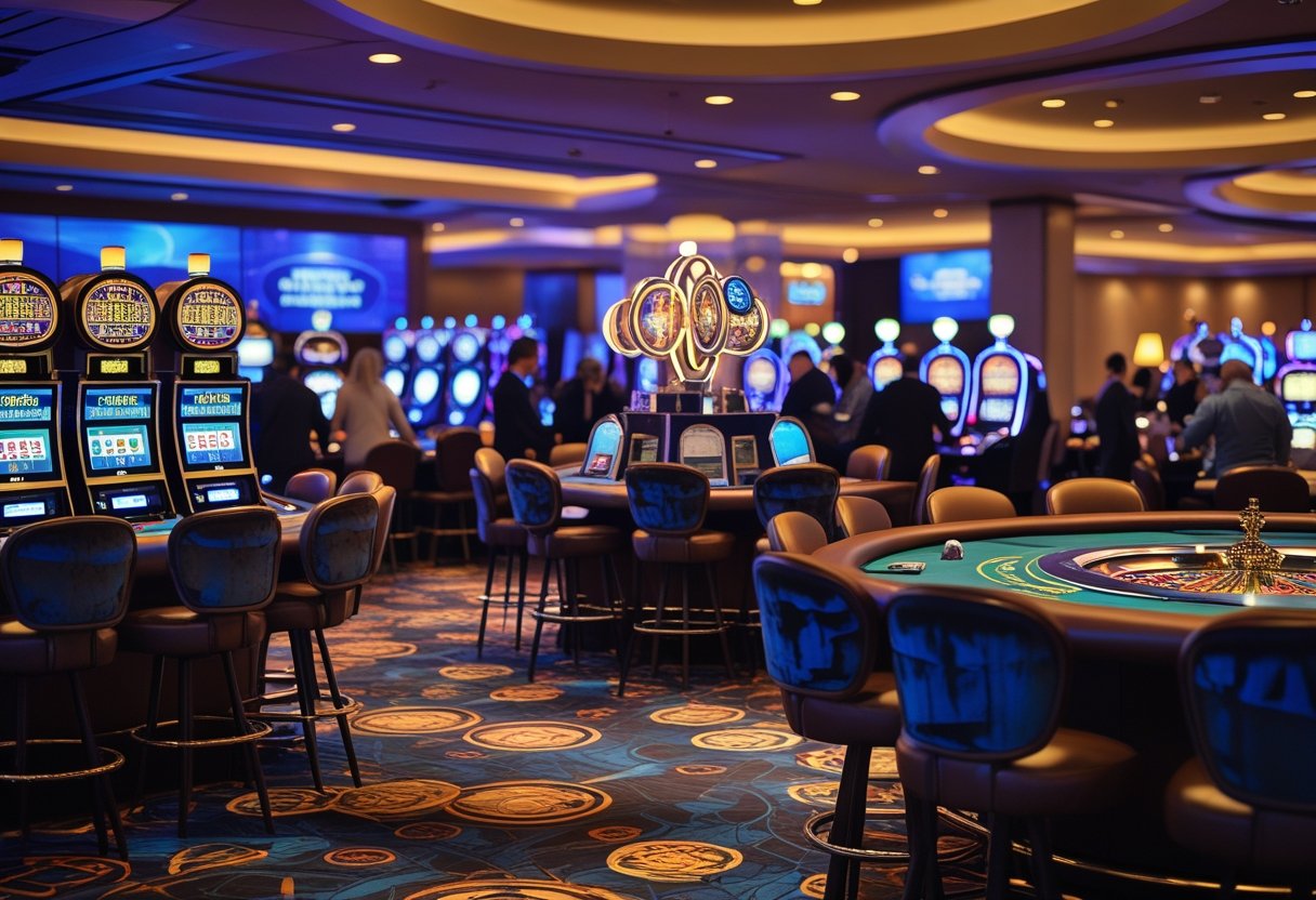 A lively casino floor with people playing slot machines and table games in a modern, well-lit environment.