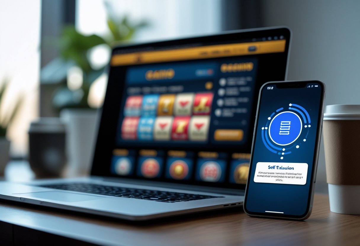 A laptop and smartphone on a desk showing blurred screens indicating restricted online gambling access, with a plant and coffee cup nearby.