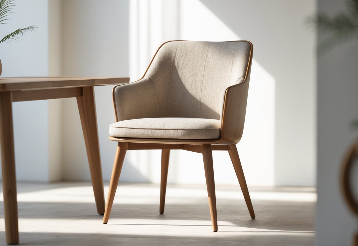 Chaise de salle à manger avec accoudoirs placée à côté d'une table en bois dans une pièce lumineuse.