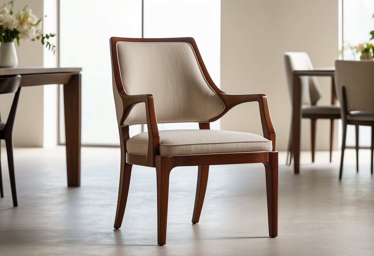 Une chaise de salle à manger avec accoudoirs dans une salle à manger moderne, près d'une table avec une décoration simple.
