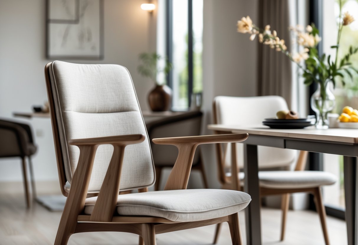 Une chaise de salle à manger avec accoudoirs placée près d'une table dans une pièce lumineuse avec des décorations simples.