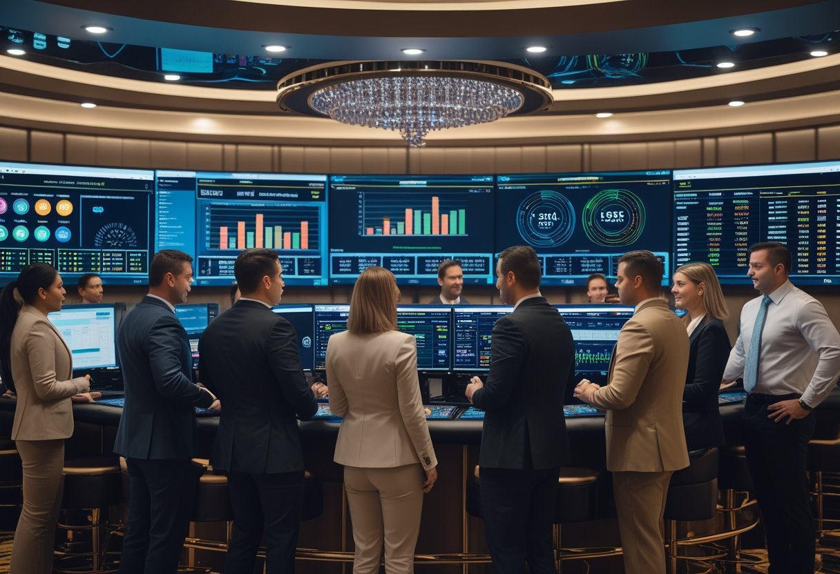 Casino operators in a control room analyzing customer data on multiple computer screens with a casino floor visible in the background.