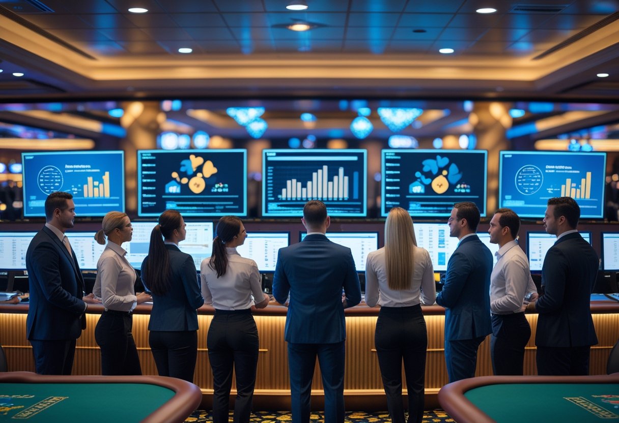 Casino staff in a control room reviewing customer data on multiple large screens with casino gaming tables visible in the background.