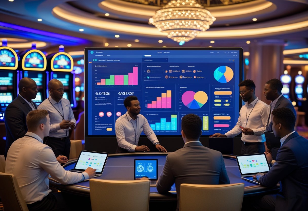 Casino operators and managers collaborating around a digital touchscreen table displaying CRM software dashboards with a casino floor in the background.