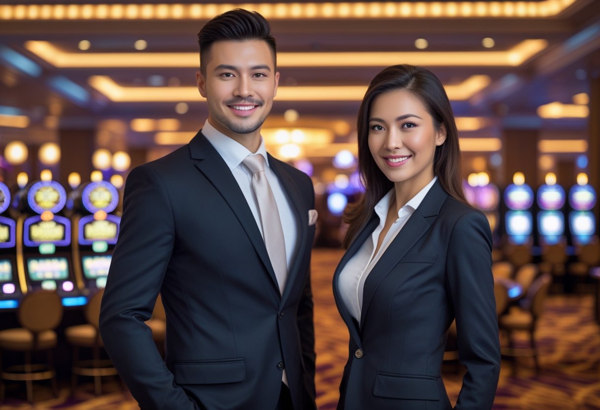Two casino hosts standing inside a casino with slot machines and gaming tables in the background.