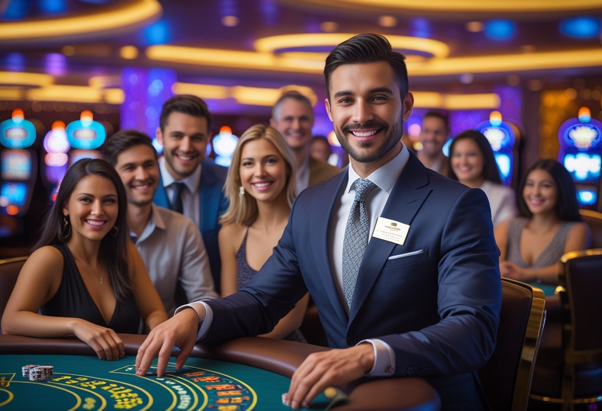 A casino host in a suit smiling and interacting with guests at a blackjack table inside a busy casino.