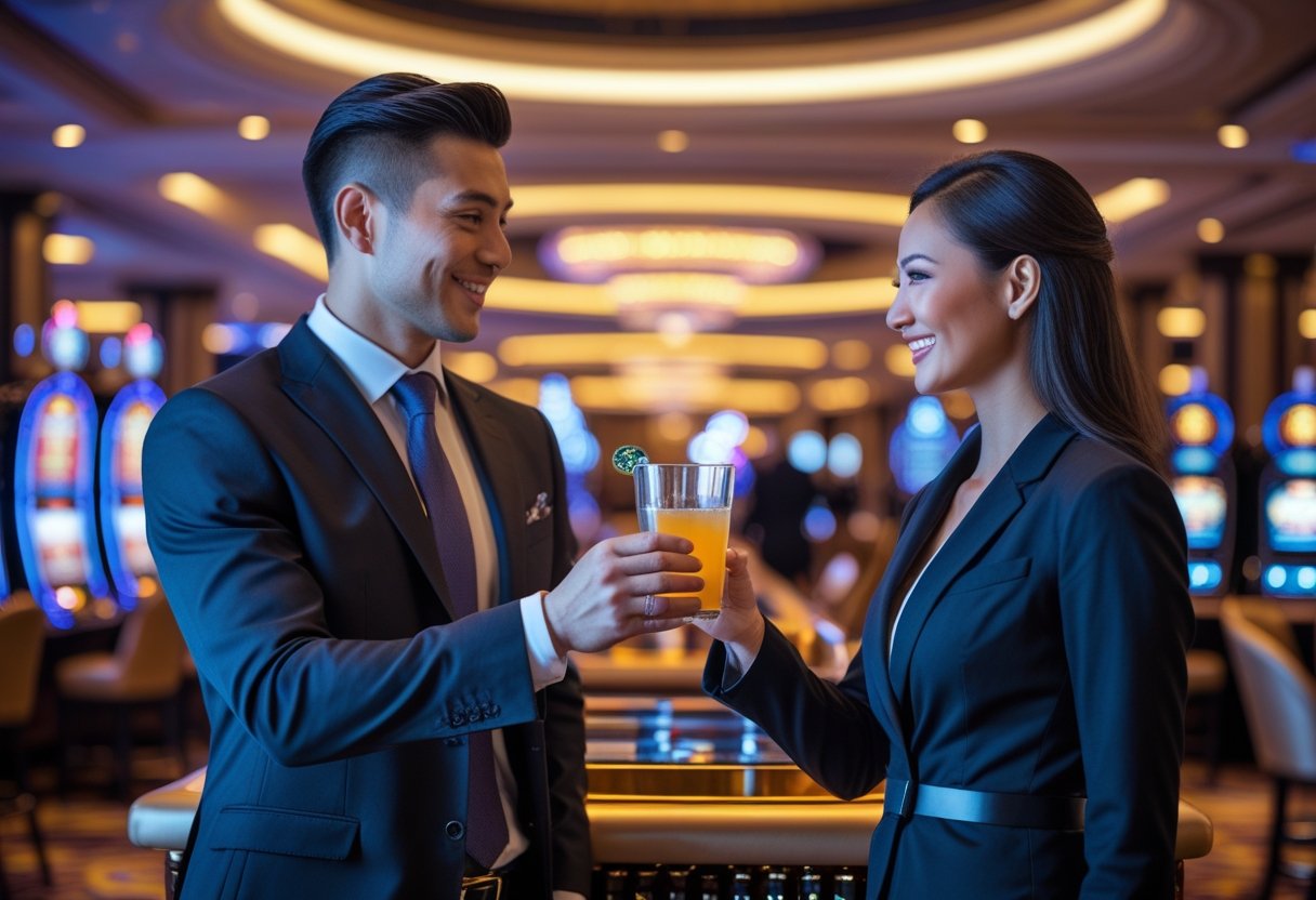 A casino host in a suit warmly interacting with a guest inside a casino, with gaming tables and slot machines in the background.