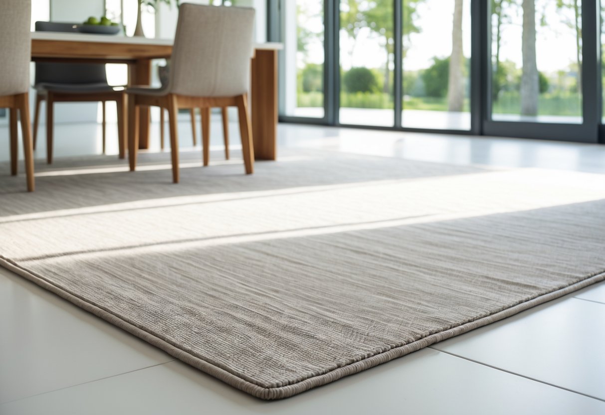 Une salle à manger moderne avec un tapis facile à nettoyer sous la table à manger.