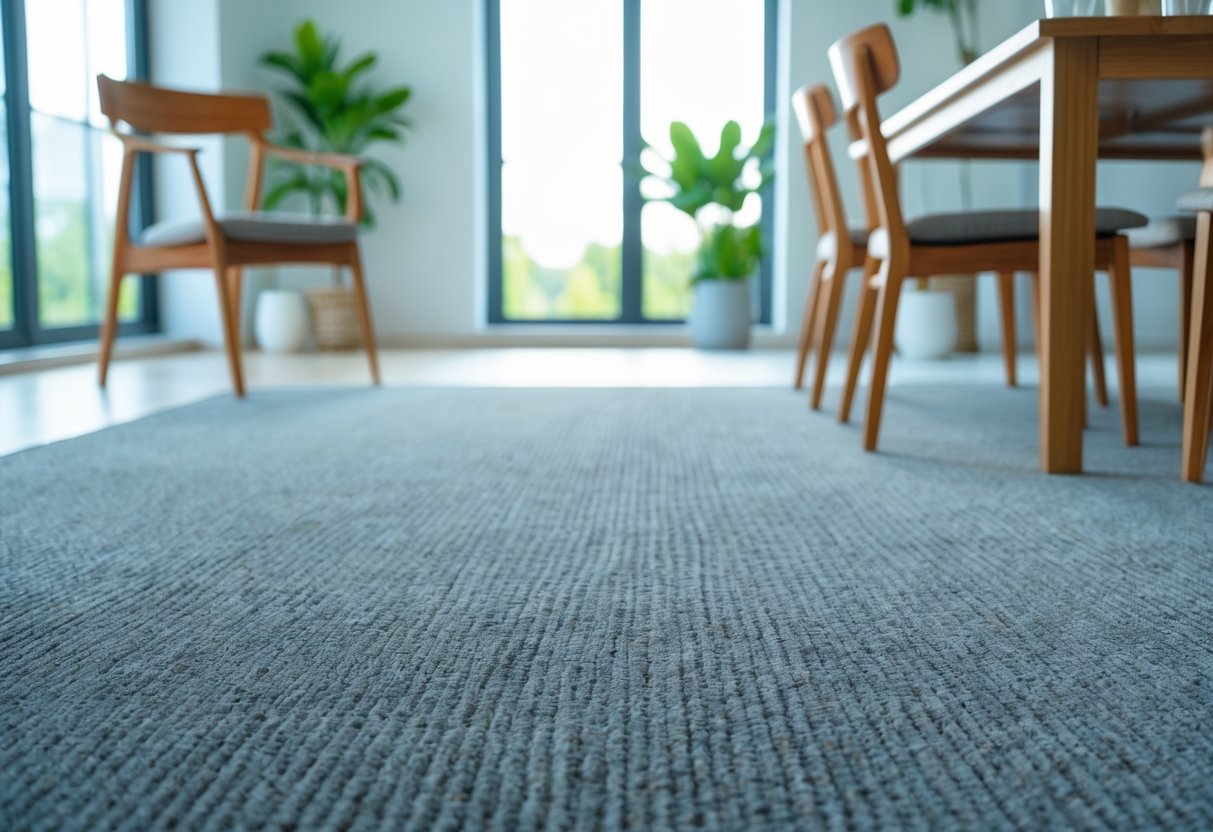 Salle à manger moderne avec un tapis facile à nettoyer sous une table en bois, éclairée par la lumière naturelle.
