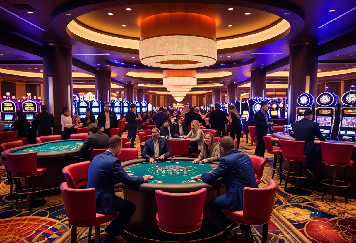 Interior of a modern casino with people playing poker and slot machines under colorful lights.