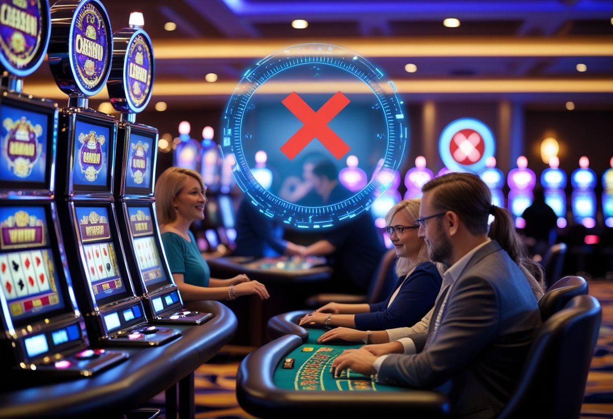 A modern casino interior with slot machines and gaming tables, showing people playing while a subtle warning symbol appears in the background.
