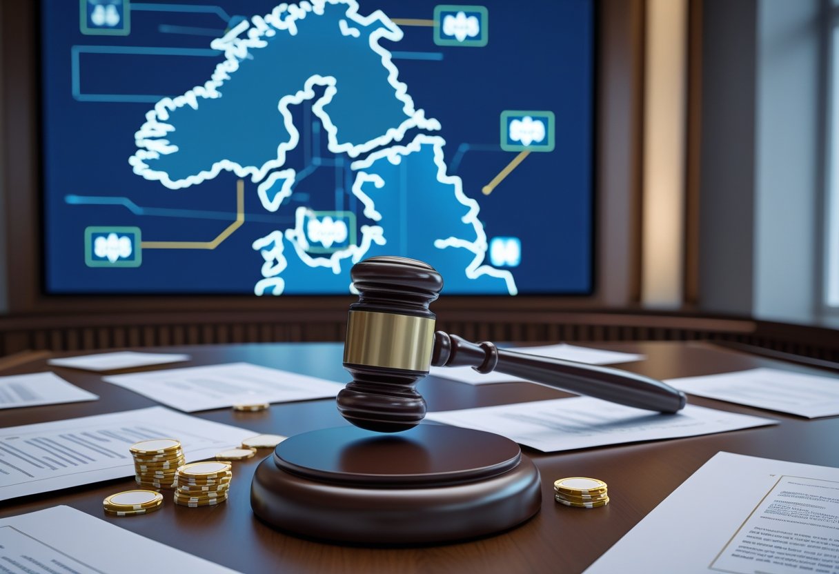 A courtroom desk with a judge's gavel, legal documents, and a digital map of Sweden highlighting restricted casino areas.