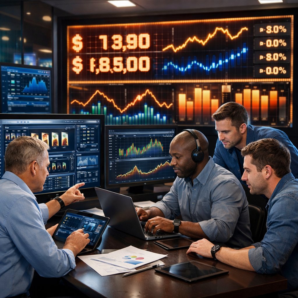 A team of casino analysts work in a control room with multiple monitors showing graphs and jackpot data.