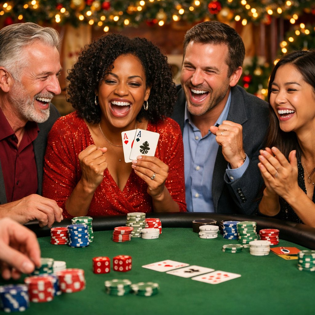 A group of adults playing casino games around a poker table decorated for the holidays, smiling and enjoying themselves.
