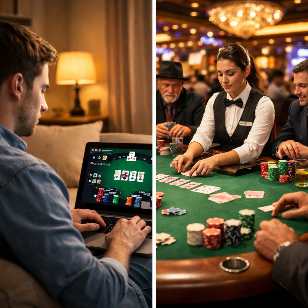 Split scene showing a person playing poker on a laptop at home on the left and a group of people playing poker at a casino table on the right.