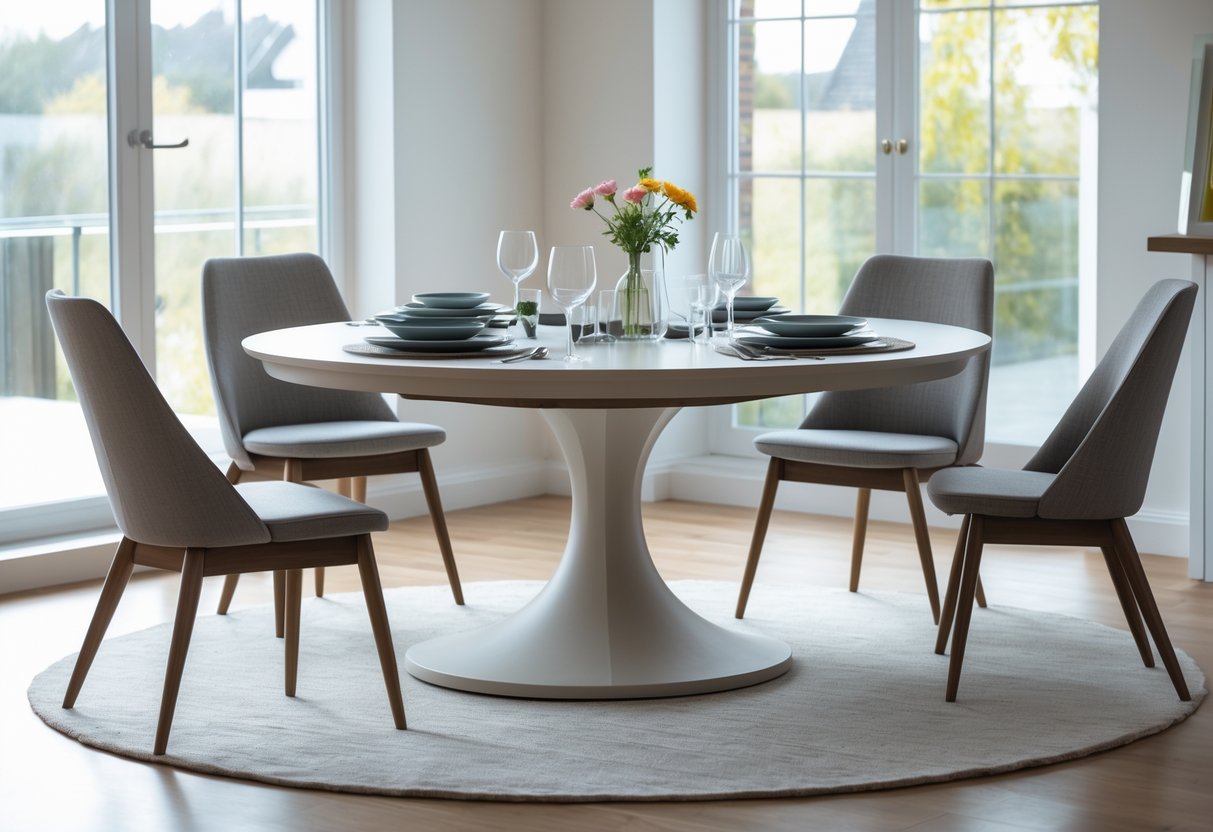 Une salle à manger avec une table ronde de 120 cm avec pied central entourée de quatre chaises, éclairée par la lumière naturelle.
