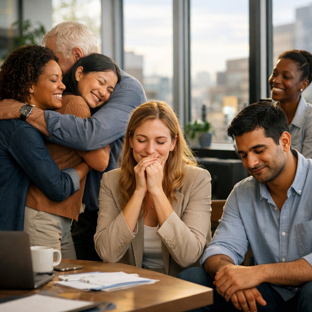 A group of people in an office celebrating a big win, showing emotions of joy and calm reflection.