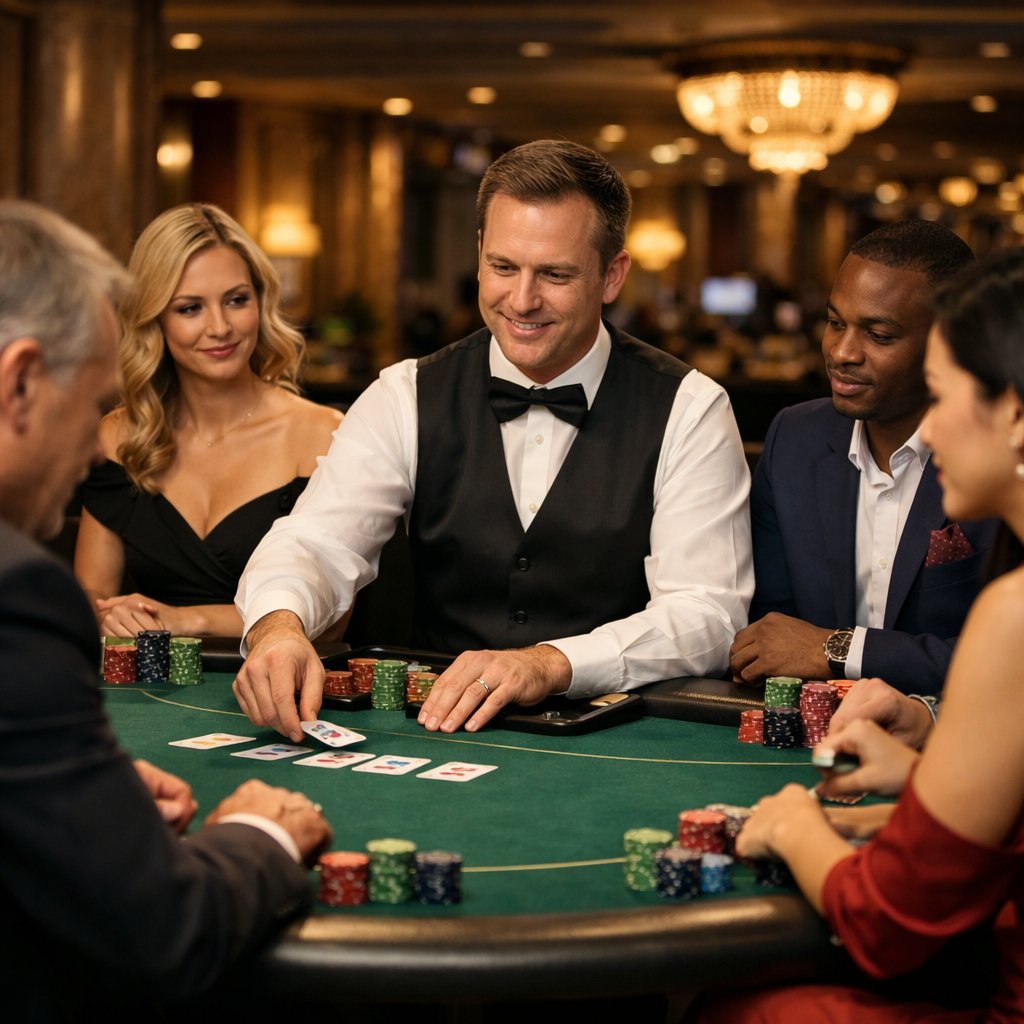 People dressed formally playing poker at a live casino table, interacting politely with the dealer in an elegant setting.
