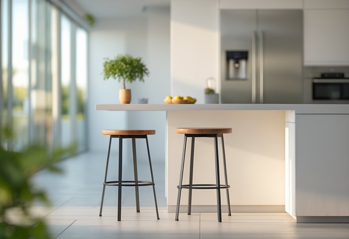 Tabouret en bois placé à côté d'un îlot de cuisine moderne avec des appareils électroménagers en arrière-plan.
