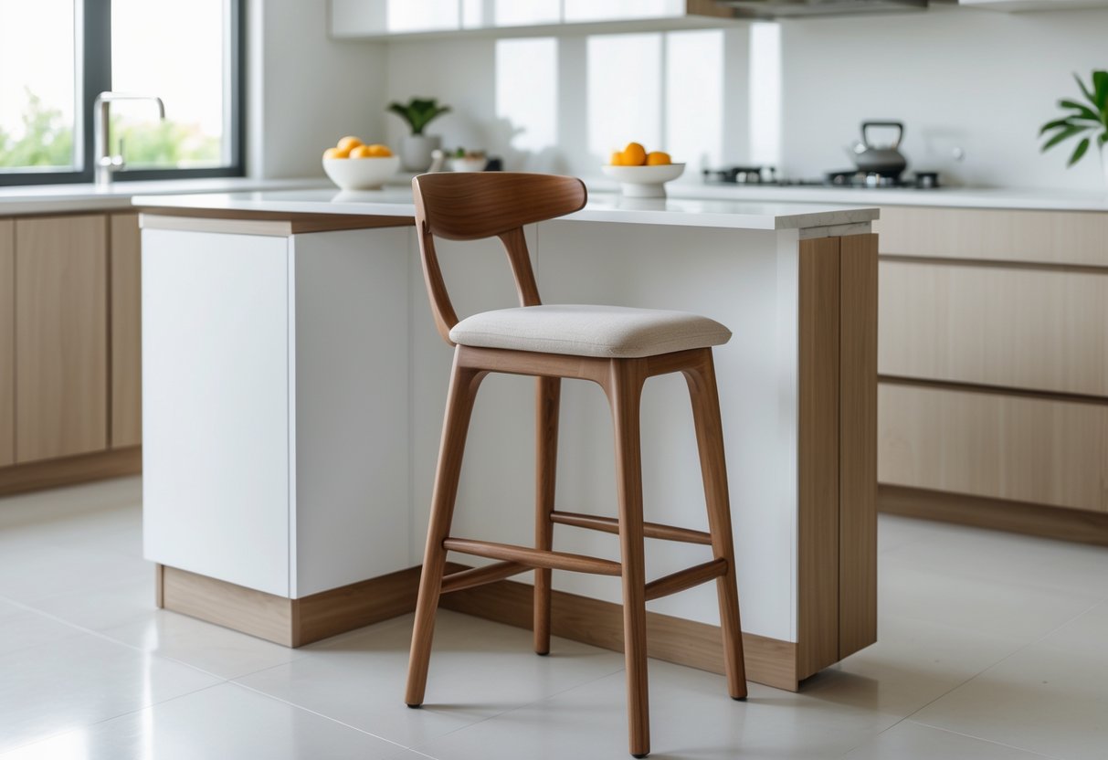 Un tabouret de cuisine en bois avec un siège rembourré placé à côté d'un îlot de cuisine dans une cuisine lumineuse et propre.