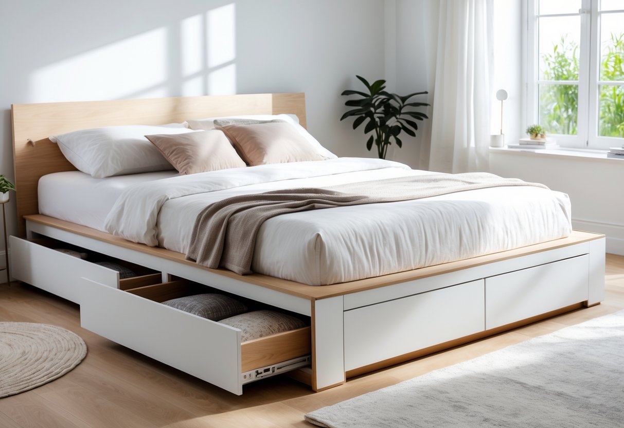 Un lit moderne avec des tiroirs de rangement intégrés dans une chambre lumineuse et bien organisée.