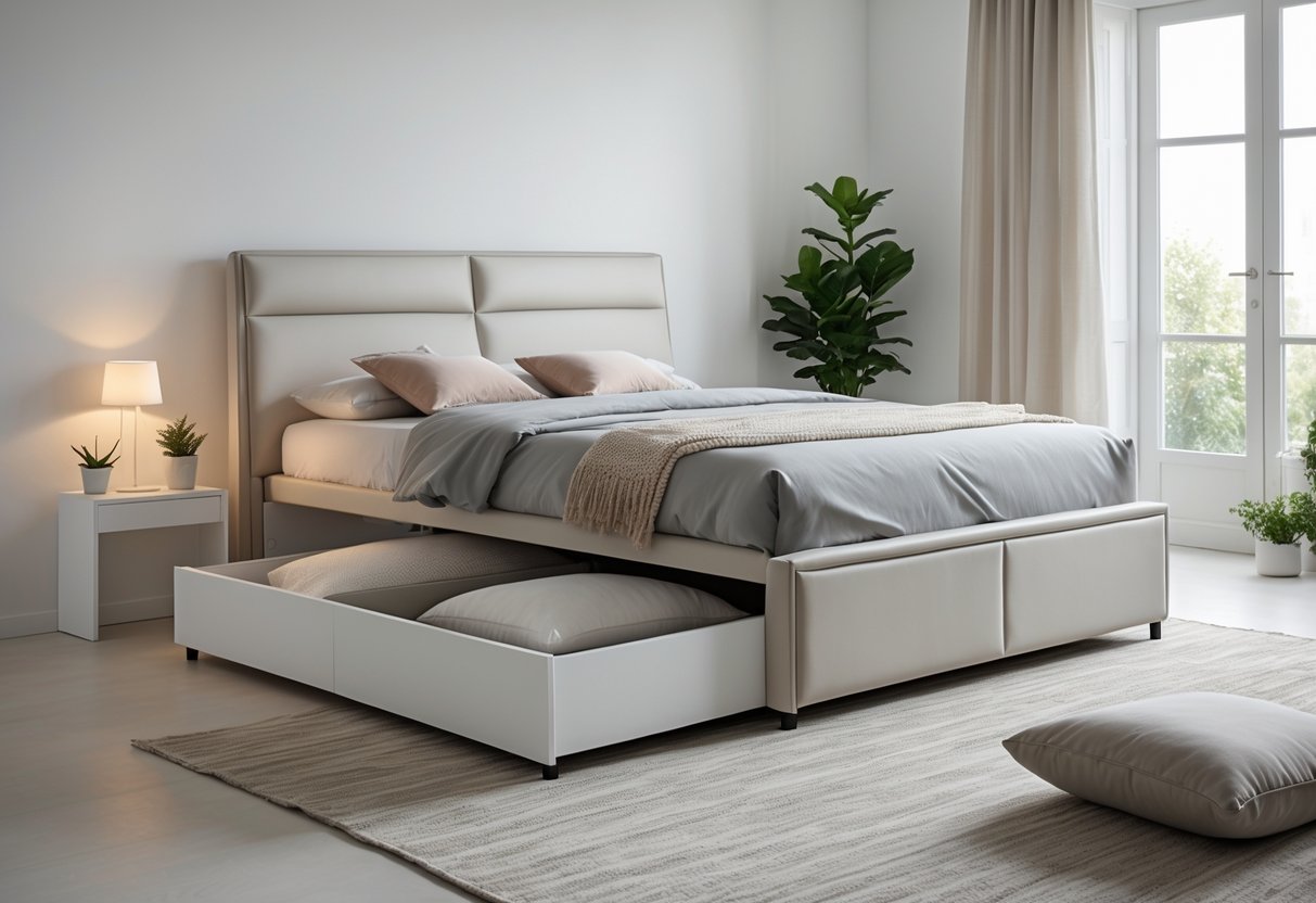 Un lit coffre moderne dans une chambre lumineuse avec un compartiment de rangement ouvert montrant des couvertures rangées à l'intérieur.