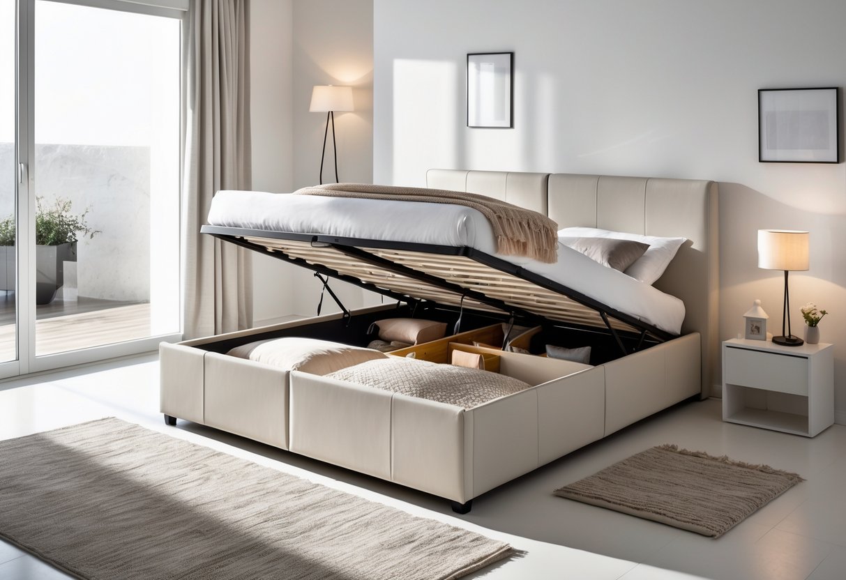 Un lit coffre moderne dans une chambre lumineuse avec le matelas soulevé montrant l'espace de rangement en dessous.