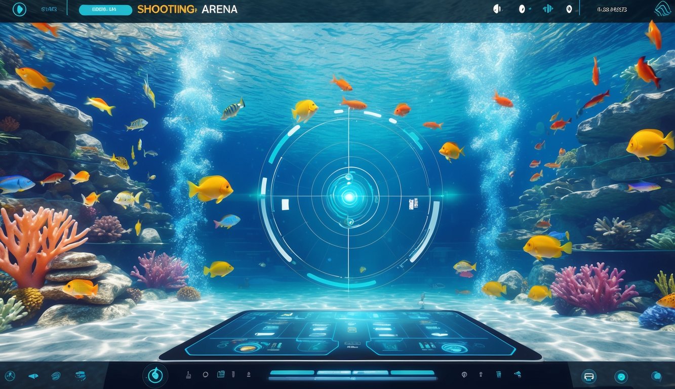 Pemandangan bawah laut dengan terumbu karang berwarna-warni dan ikan tropis yang berenang di arena permainan interaktif.