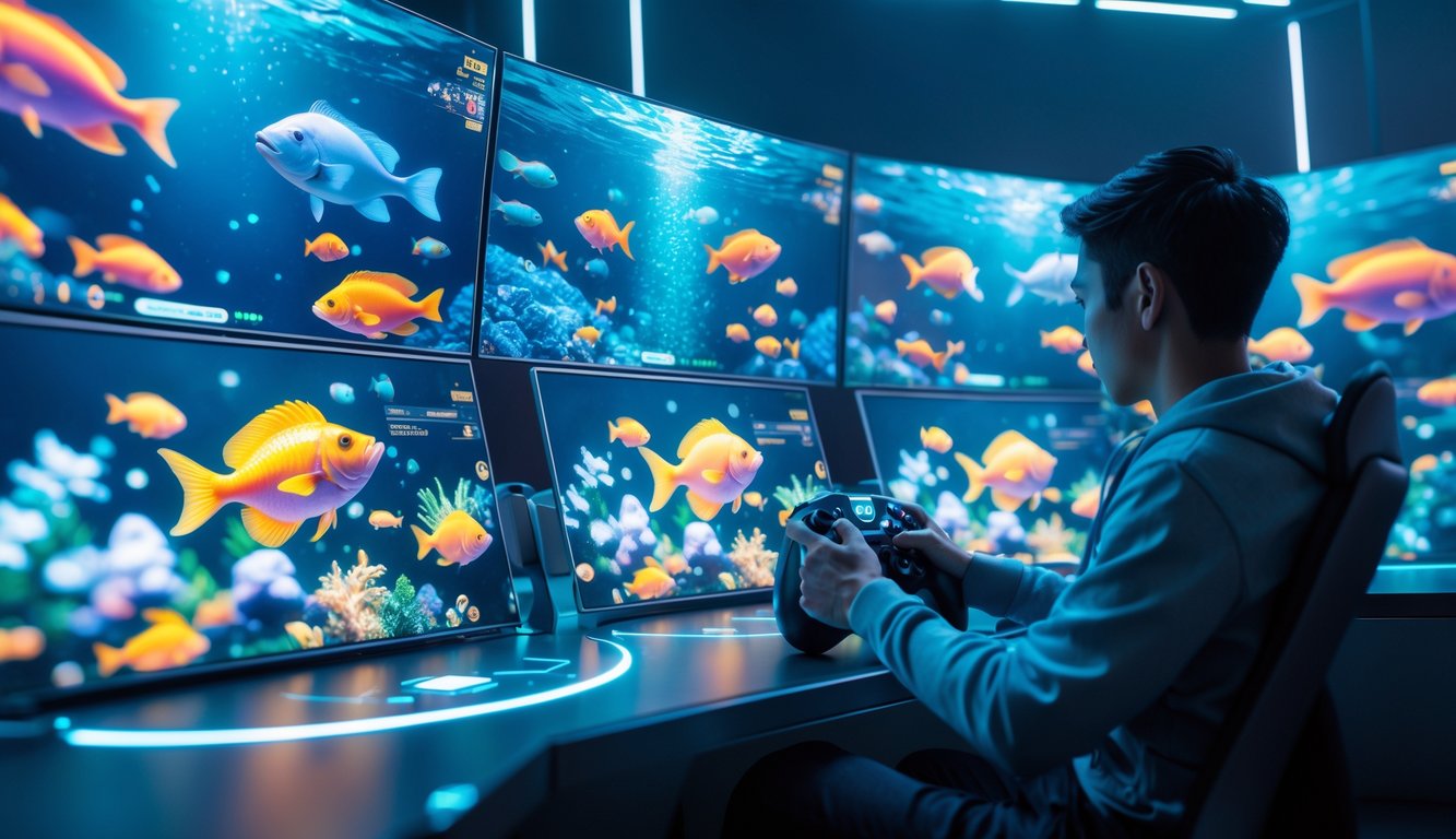 Seorang pemain fokus menggunakan pengendali futuristik di depan layar yang menampilkan permainan menembak ikan dengan latar bawah laut yang berwarna-warni.