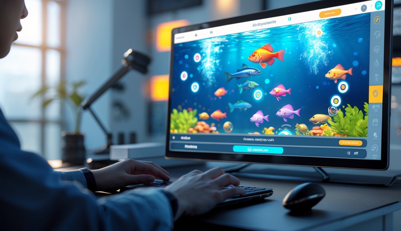 Seorang pemain menggunakan perangkat digital dengan layar menampilkan permainan menembak ikan berwarna-warni di lingkungan yang modern dan menarik.