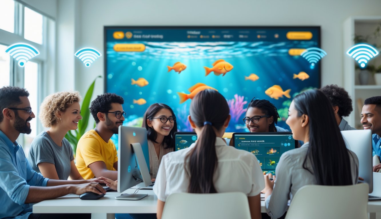 Sekelompok orang bermain game tembak ikan secara online di ruangan yang terang dengan perangkat komputer dan ponsel.