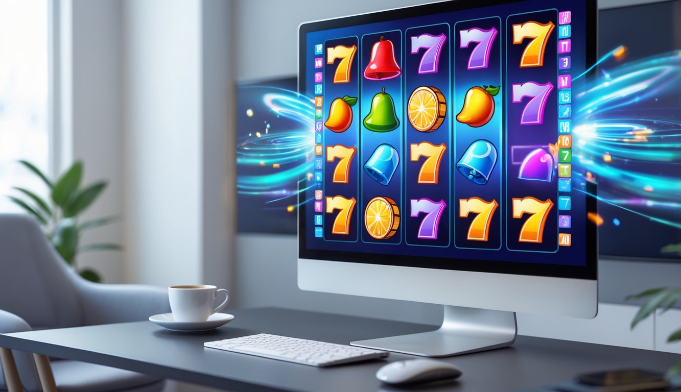 Layar komputer menampilkan mesin slot online dengan gulungan berputar halus dan warna-warna cerah di ruang kerja yang rapi.
