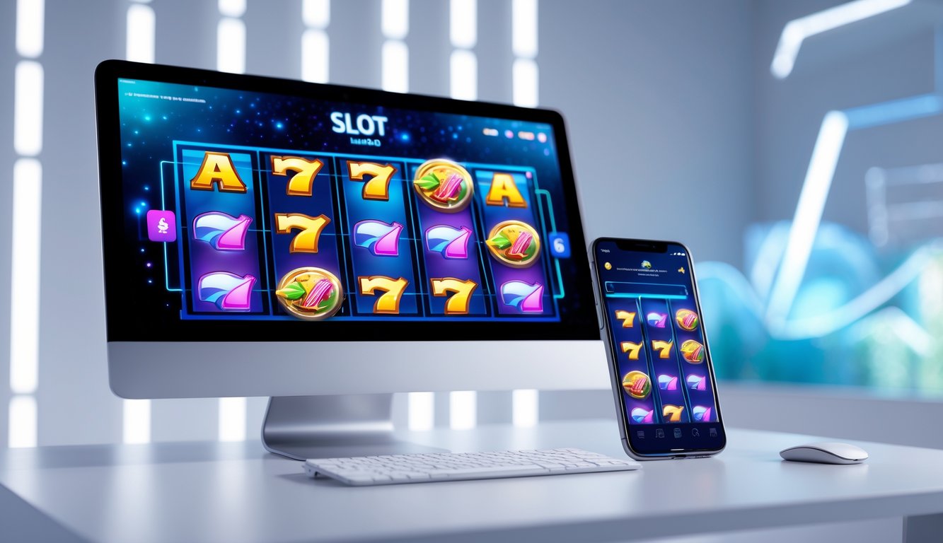 Tampilan mesin slot online modern di layar komputer dan ponsel dengan latar belakang digital futuristik.