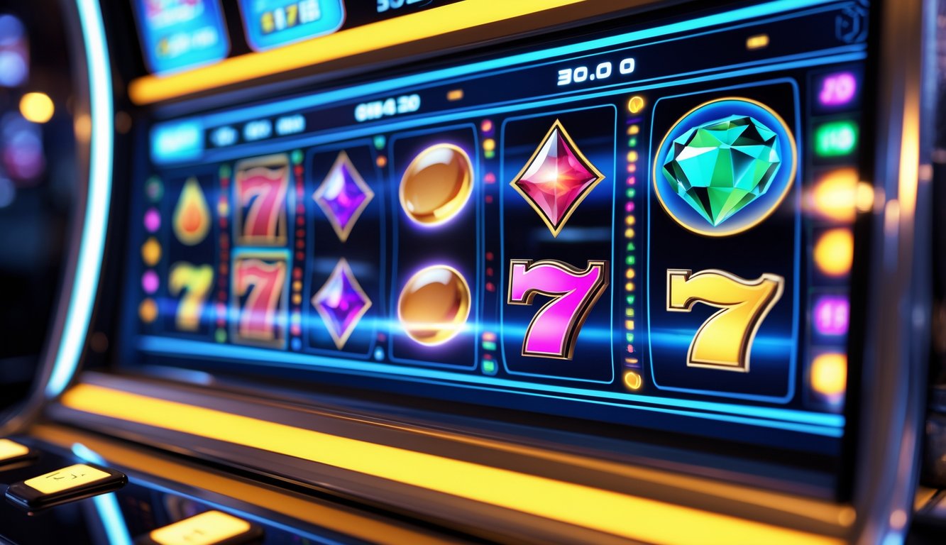 Tampilan layar mesin slot online modern dengan simbol warna-warni dan efek cahaya dinamis.