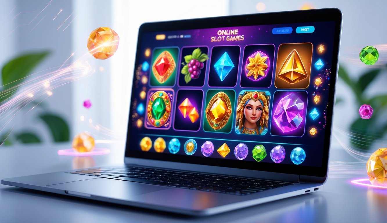 Layar laptop menampilkan berbagai tema permainan slot online yang berwarna-warni dan menarik.