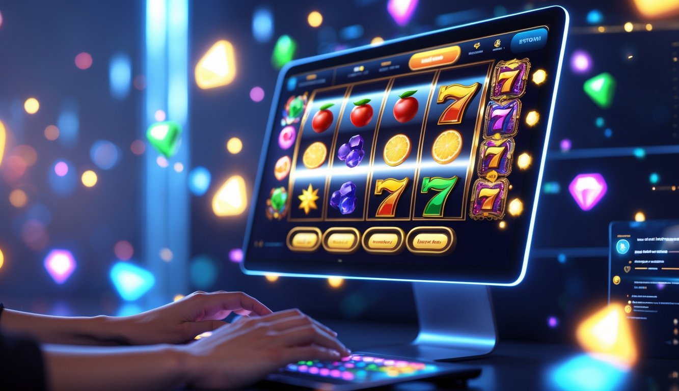 Seseorang berinteraksi dengan permainan slot online inovatif di layar komputer modern dengan simbol warna-warni dan efek interaktif.