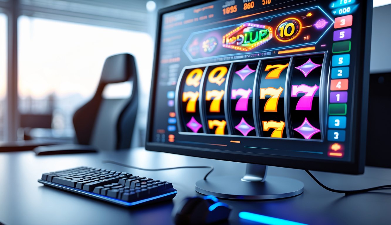 Layar komputer menampilkan mesin slot online dengan simbol warna-warni yang berputar lancar di lingkungan kantor modern.