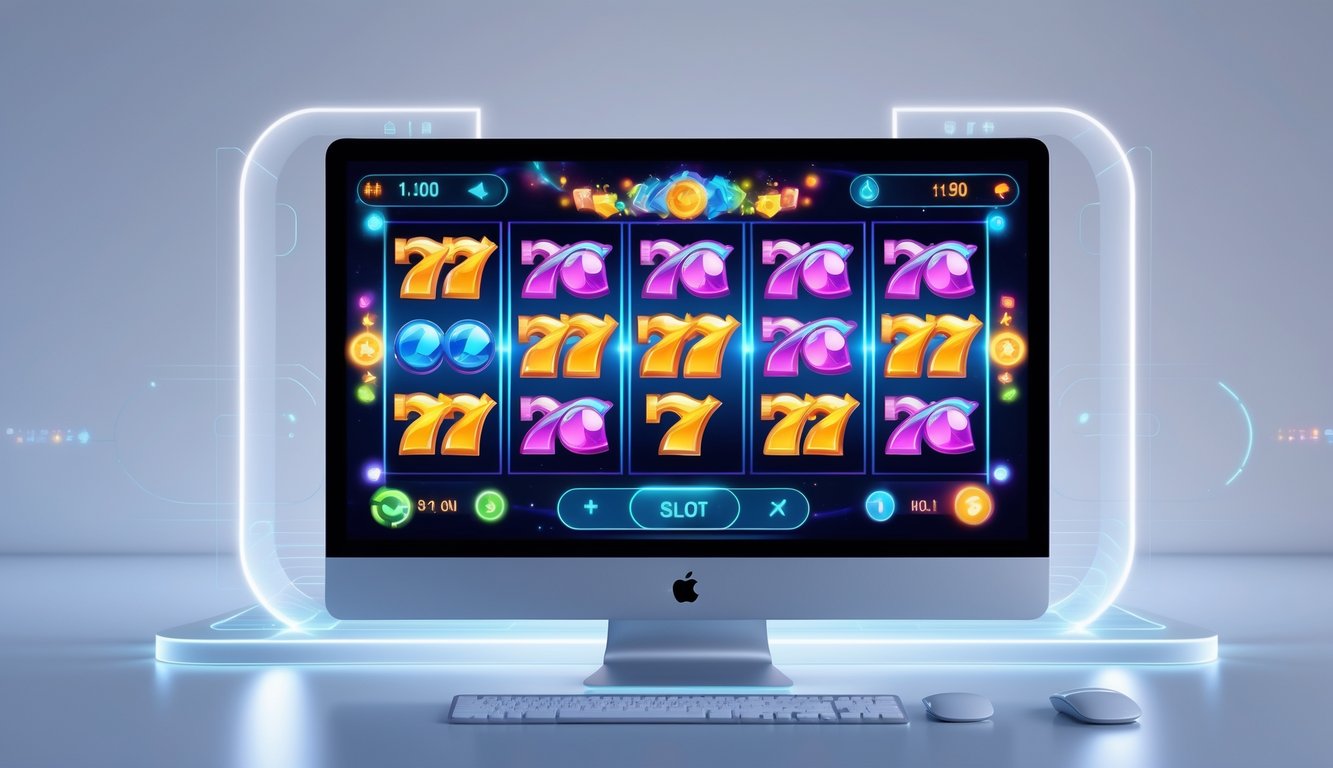 Layar komputer menampilkan permainan slot online dengan pola permainan menarik dan warna-warna cerah.