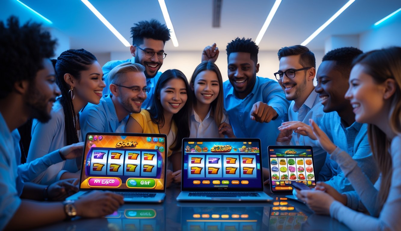 Sekelompok orang dari berbagai latar belakang sedang bermain slot online bersama menggunakan perangkat digital di ruangan modern dengan pencahayaan hangat.