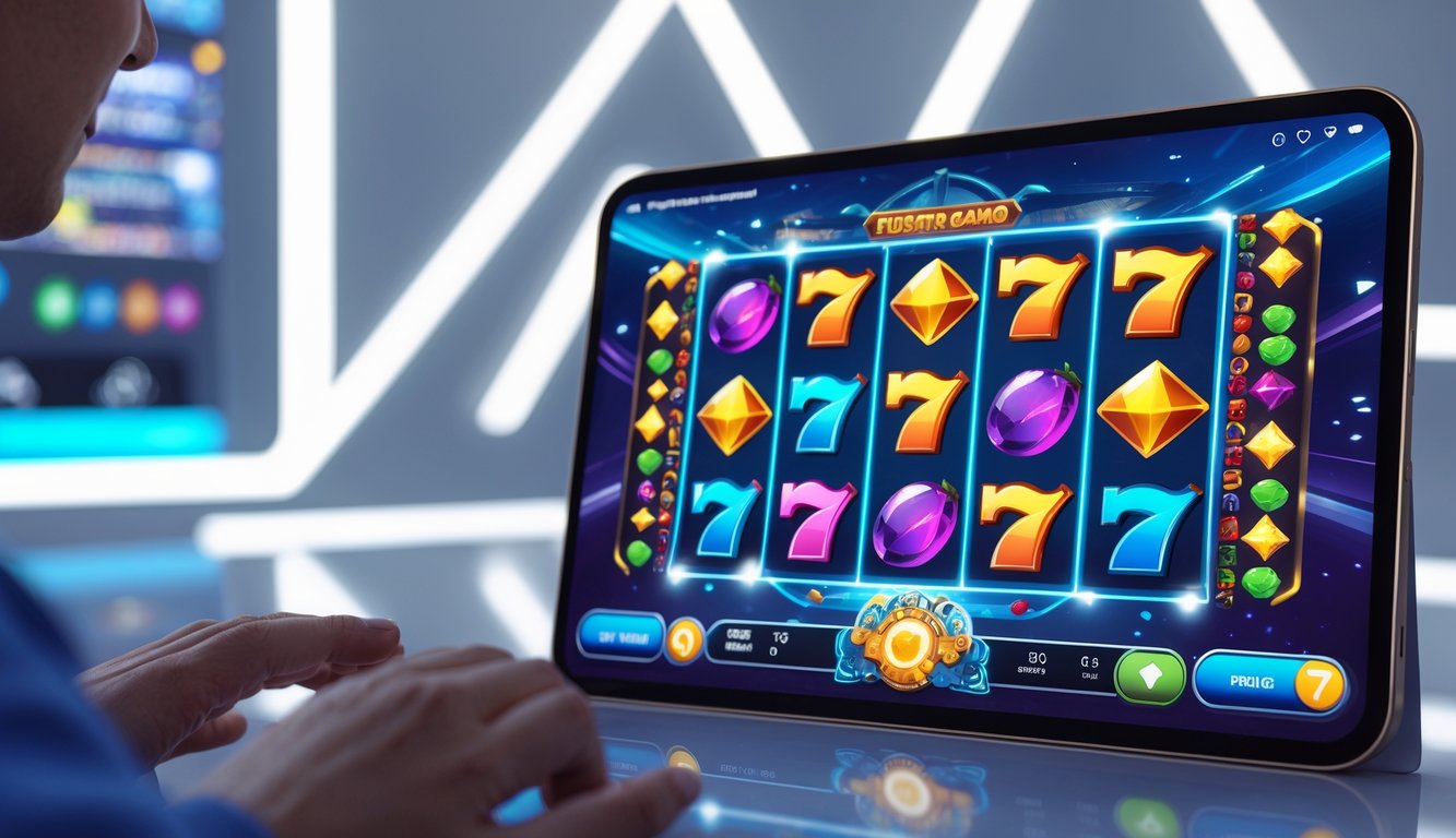 Layar perangkat digital menampilkan permainan slot online dengan gulungan warna-warni dan simbol-simbol permainan, diiringi tangan pengguna yang sedang berinteraksi.