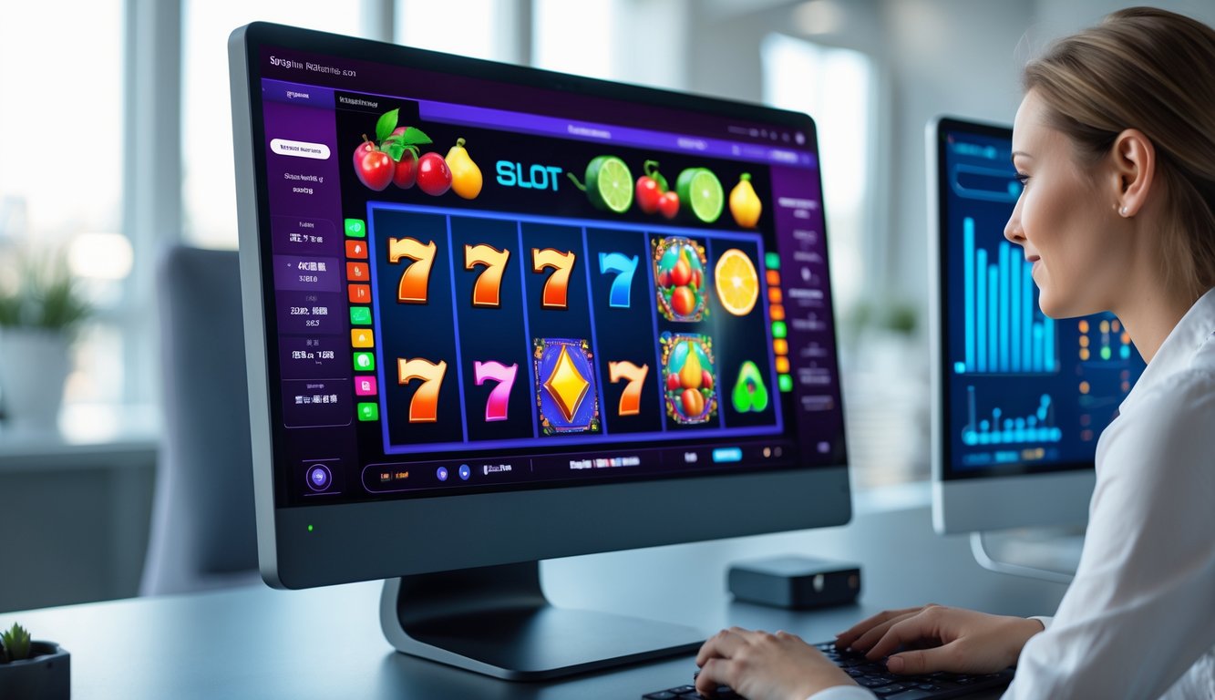 Seseorang sedang bermain permainan slot online di komputer di ruang kerja modern yang terang dan rapi.