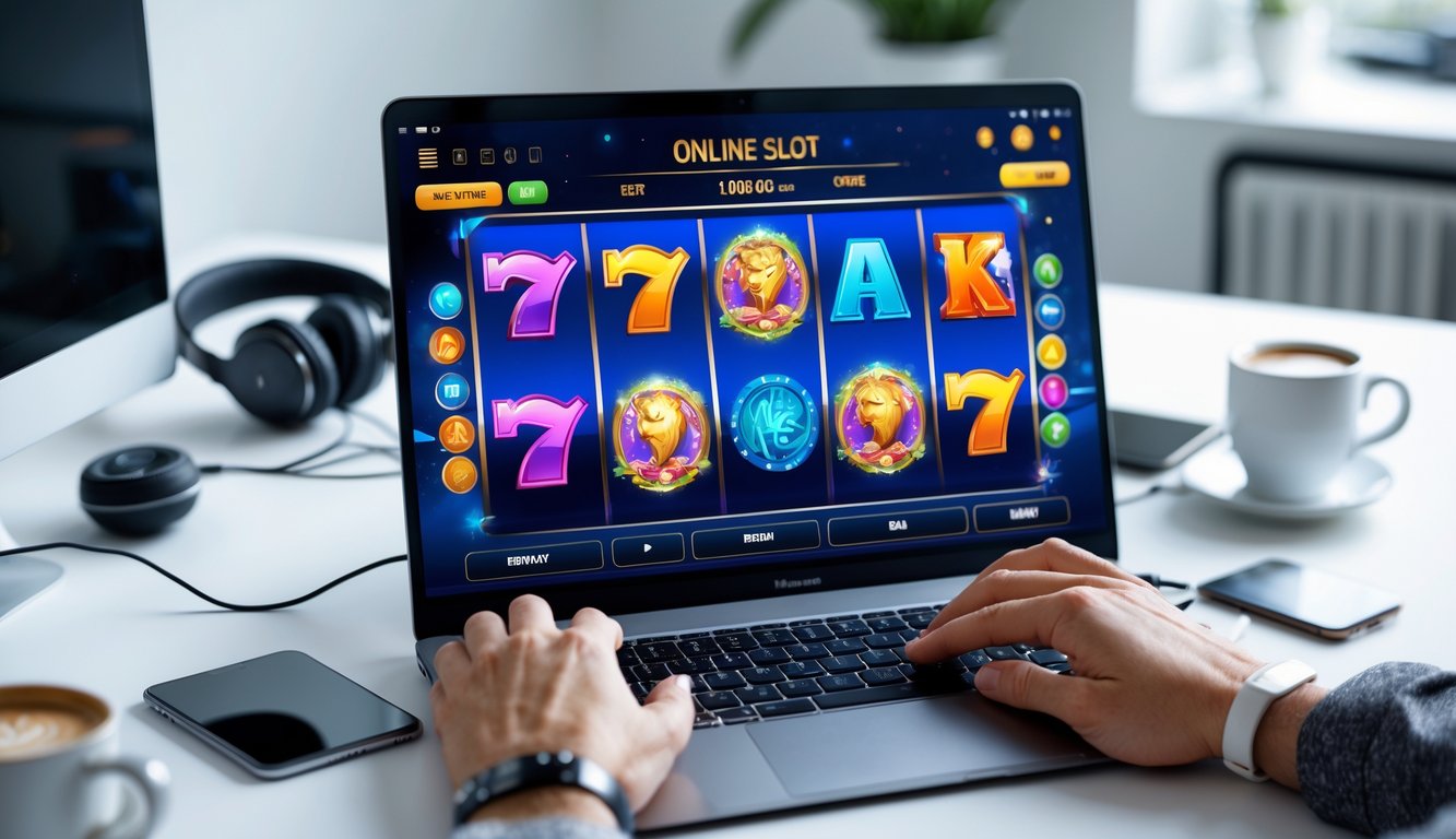 Seseorang menggunakan komputer dengan permainan slot online yang berwarna-warni di layar dalam suasana ruang kerja yang rapi dan terang.