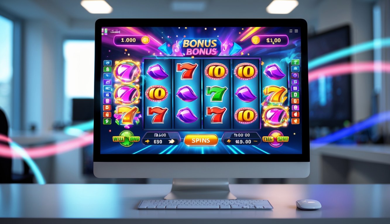 Layar komputer menampilkan mesin slot online dengan simbol berputar dan ikon bonus interaktif dalam ruang kerja modern.