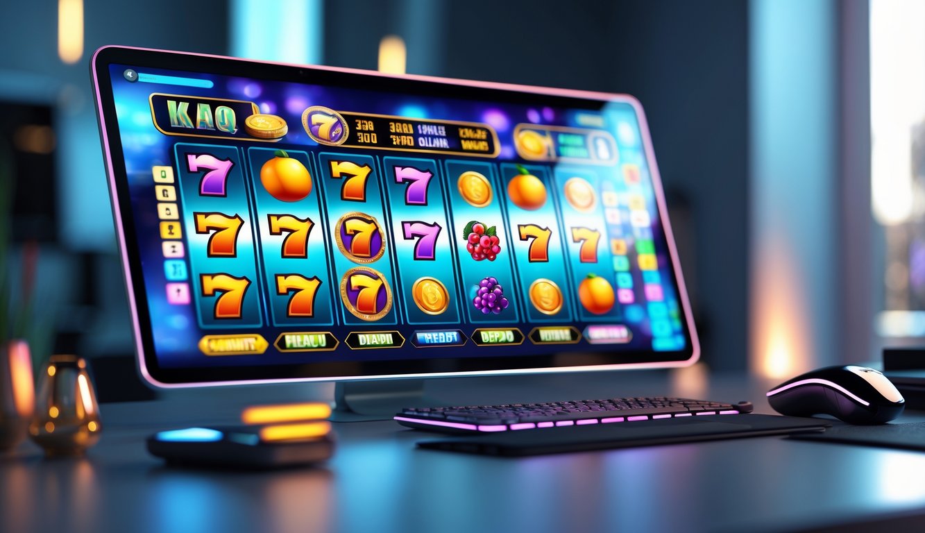 Seseorang sedang menggunakan perangkat digital dengan layar menampilkan permainan slot online yang berwarna-warni dan menarik.