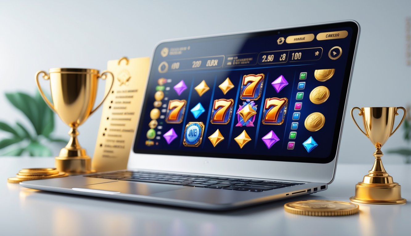 Seseorang menggunakan komputer dengan layar menampilkan permainan slot online yang berwarna-warni dan menarik.